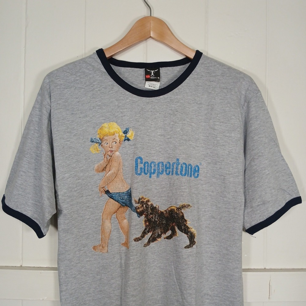 Coppertone T-Shirt Mens Medium Gray Ringer Graphic Hanes Beefy-T Y2K Retro - Picture 2 of 7